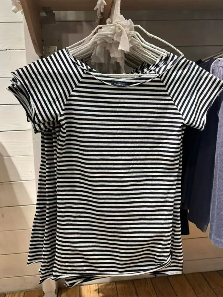 Slash Neck Navy Striped T-shirt Women Summer Raw Hem Slim Cotton Short Sleeve Tees Female Vintage Chic Tshirt Y2K Tops New