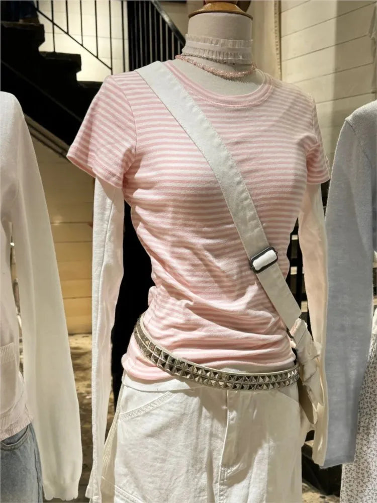 Sweet Pink Striped Slim T-shirt Women Spring Round Neck Cotton Short Sleeve Tee Shirts Female Cute Preppy Style Y2K T shirts New