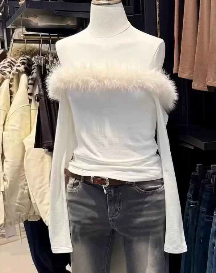 Fur Collar Slash Neck T-shirt Women Spring Chic Streetwear Cotton Slim Long Sleeve Tees Sweet Sexy Cute T-shirts Y2K
