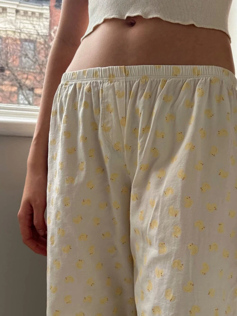Little Yellow Duck Print Long Pants Women New Cotton Casual Elastic High Waist Straight Trouser Sweet Chic Cute Home Pant Y2K