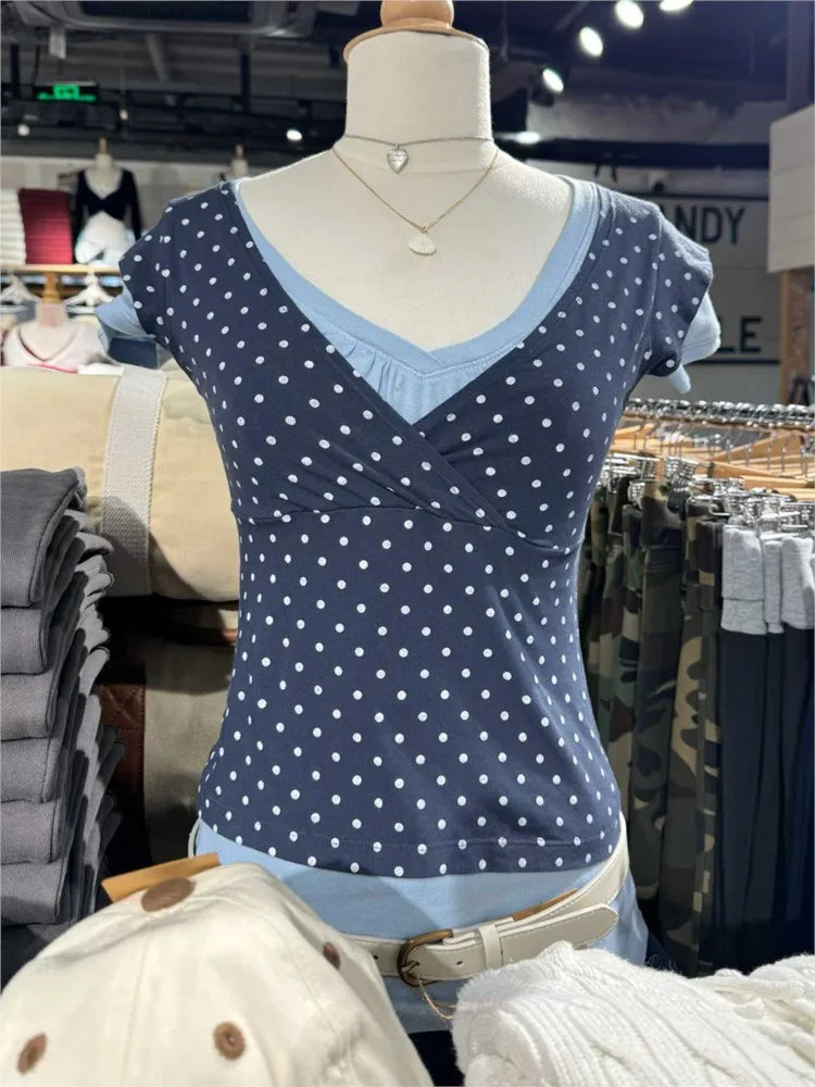 Navy Dot V-neck Sleeveless T-shirts Women Vintage Casual Simple Slim Cotton Crop Tops Female Sweet Cute Preppy Style Vests Y2K