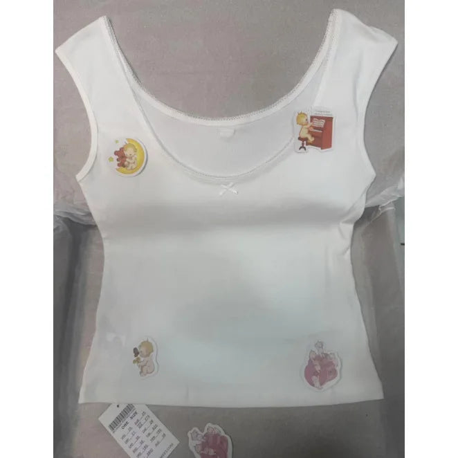 White Bow U-neck Tank Tops Women Summer New Cotton Slim Simple Basic Sleeveless Tops Sweet All-match Vintage Vests Clothes Y2K