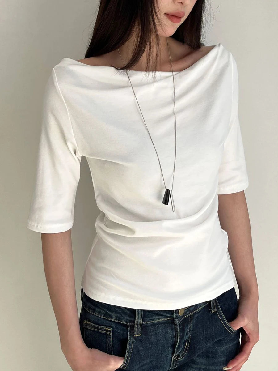 Electric Blue Half Sleeve Tees Women Summer Casual Streetwear Slim Slash Neck Crop Tops Female Vintage Simple Basic T-shirts Y2K