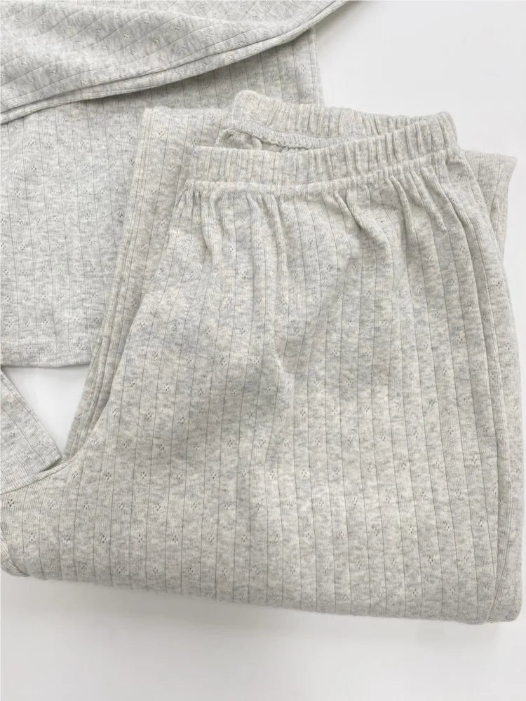 Gray Cotton Eyelet 2 Piece Sets Women New Buttons Long Sleeve Tee+Elastic Waist Straight Trousers Home T-shirt Pant Pajama Set
