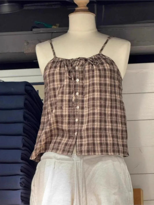 Retro Plaid Lace-up Ruffles Tank Tops Women Summer New Cotton Sexy Slim Buttons Strapless Vests Cute Vintage Preppy Camisole Y2K