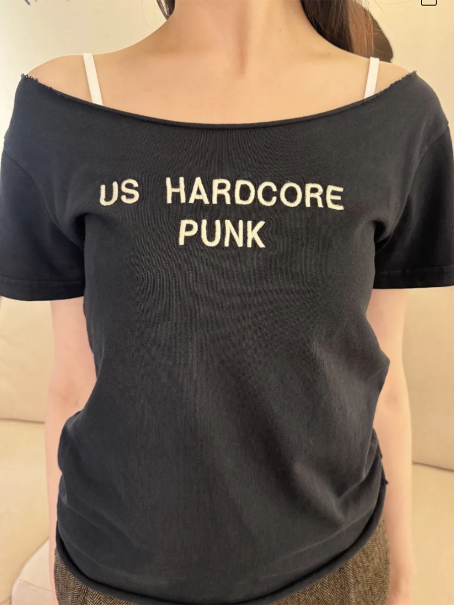 Letter Print Slash Neck T-shirts Women Summer New Black Raw Hem Cotton Short Sleeve Tees Vintage Cute Harajuku Tshirt Y2K Tops