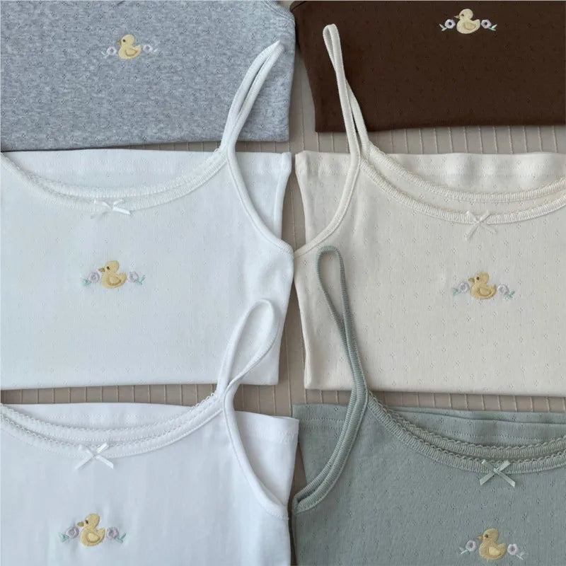 Cute Little Duck Embroidery Tank Tops Women Summer New Casual Slim Bow Sleeveless Vests Sweet Preppy Style Camisole Y2K Clothes