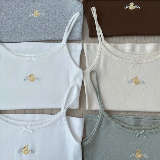 Cute Little Duck Embroidery Tank Tops Women Summer New Casual Slim Bow Sleeveless Vests Sweet Preppy Style Camisole Y2K Clothes