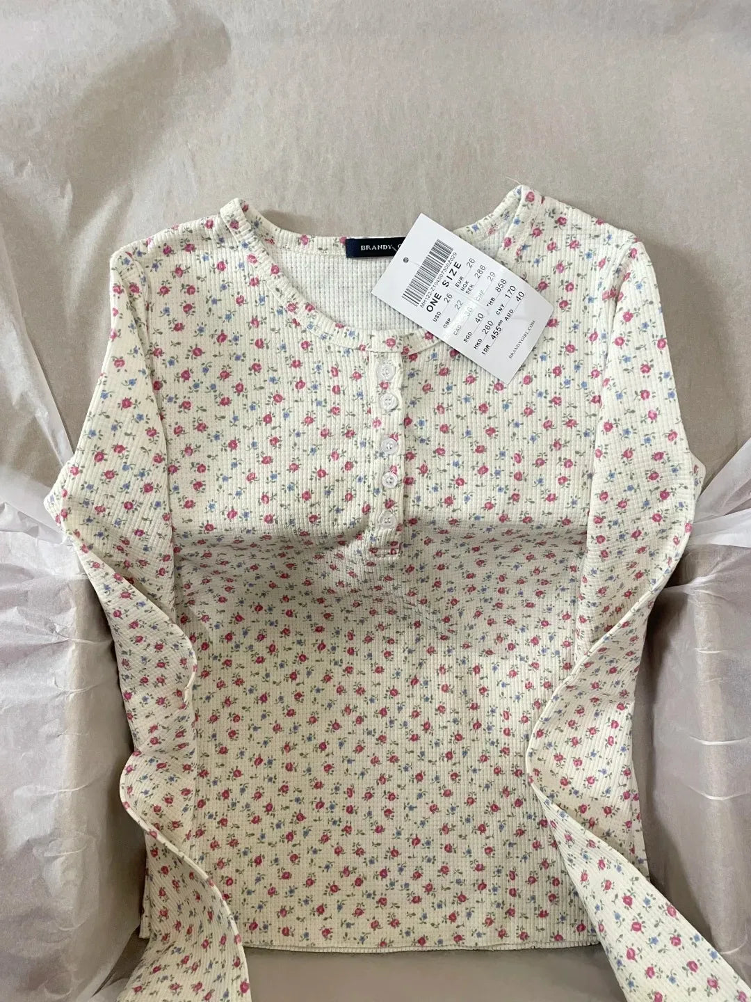 Waffle Pink Floral Long Sleeve T-Shirt Women Buttons Round Neck Cotton Slim Tee Top Sweet Cute Preppy Style Y2K Tshirt