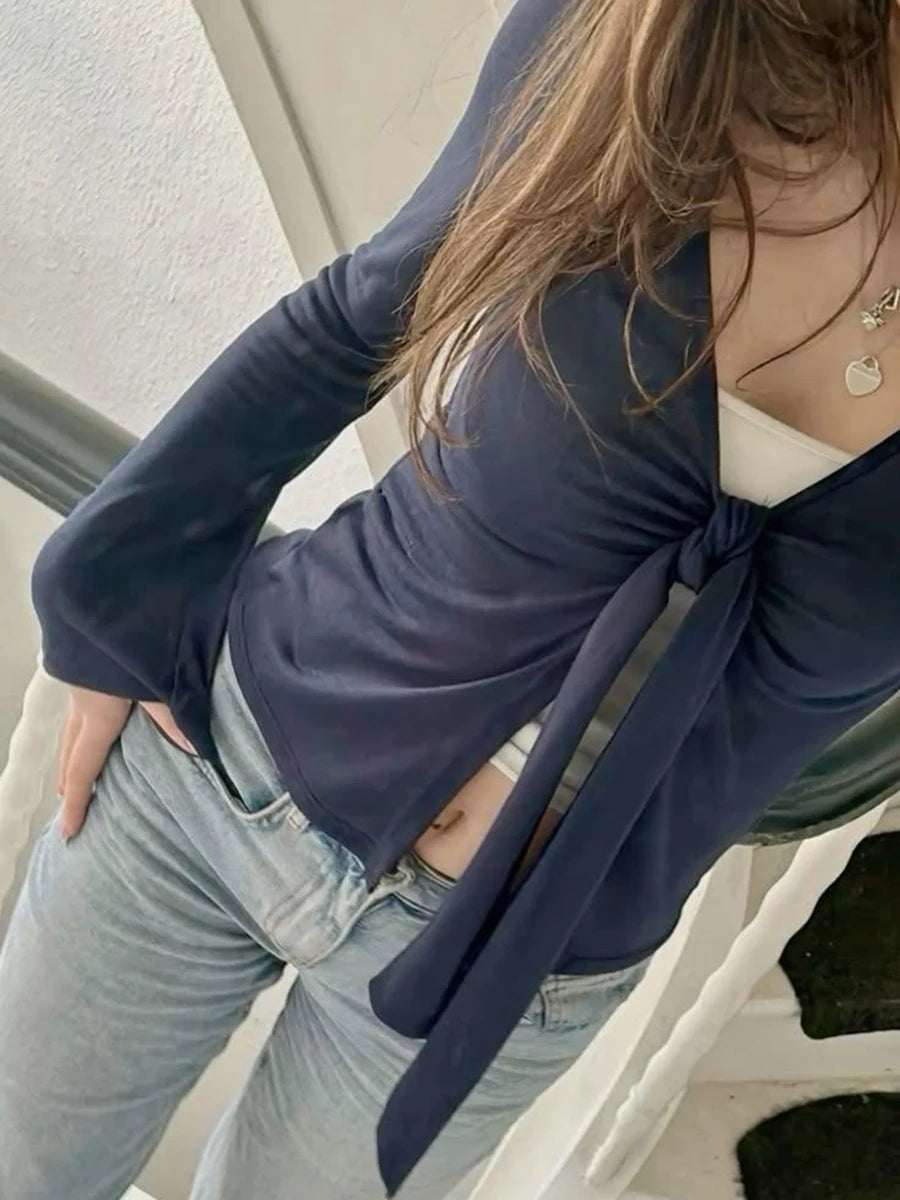 Tie-Strap Design Bowknot Long Sleeve T-Shirt Women's Spring Sexy Slim Fit Thin Smock Tees Casual Sweet Chic Tshirt Babydoll Top