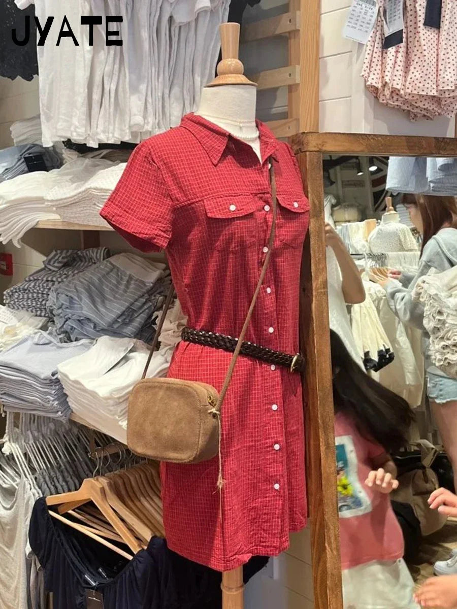 Retro Red Plaid Pockets Shirt Dresses Women New Turn Down Collar Single Breasted Short Sleeve Vestidos Sweet Vintage Mini Dress
