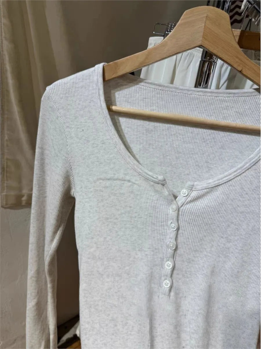 New Buttons Ribbed Slim Long Sleeve T-shirts Women Autumn O-Neck Cotton Tshirts Tops Female Simple Basic Tees Shirt Y2K Clothes