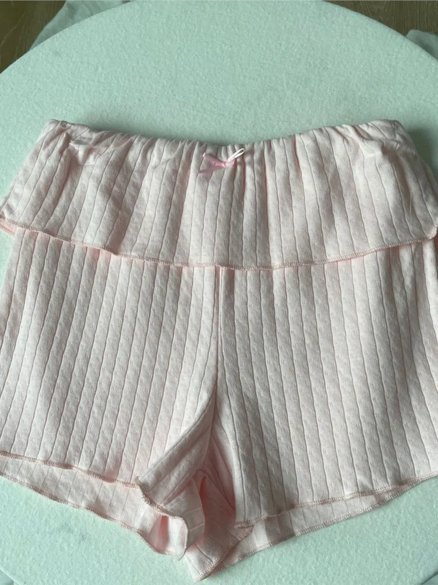 Cute Bow Eyelet Flange Shorts Women Spring Solid Elastic Waist Cotton Straight Short Pants Sweet Home Underwear Y2K Sweatshorts