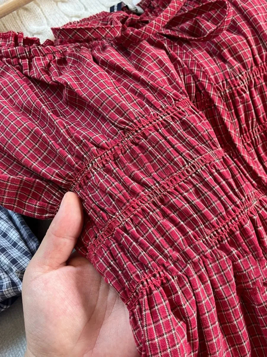 Retro Red Plaid Ruffles Camisole Dress Women High Waist Backless Lace-up Sleeveless Long Dresses Vintage Cute Sweet Y2K Vestidos