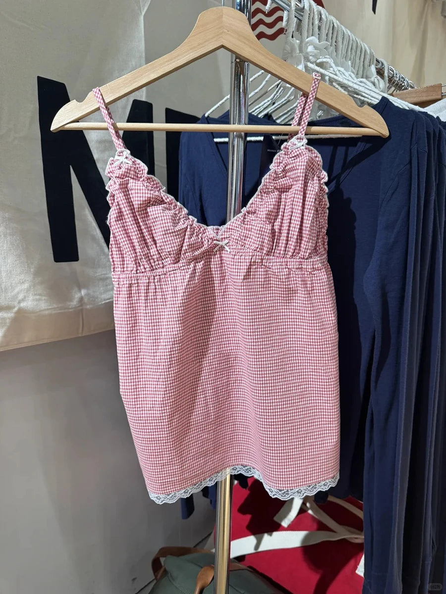 Pink Tank Tops Pant Sets Women Summer Cotton Bow Lace Trim Camisole+Fungus Short Pants Sweet Cute 2 Piece Outfits Clothes