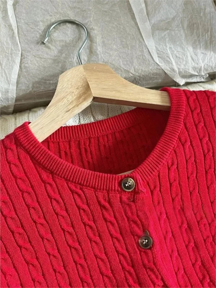 Twist flower Knitted Sweater Cardigan Crew Neck Single Breasted Long Sleeve Slim Coat Vintage Streetwear Simple Crop Top Y2K