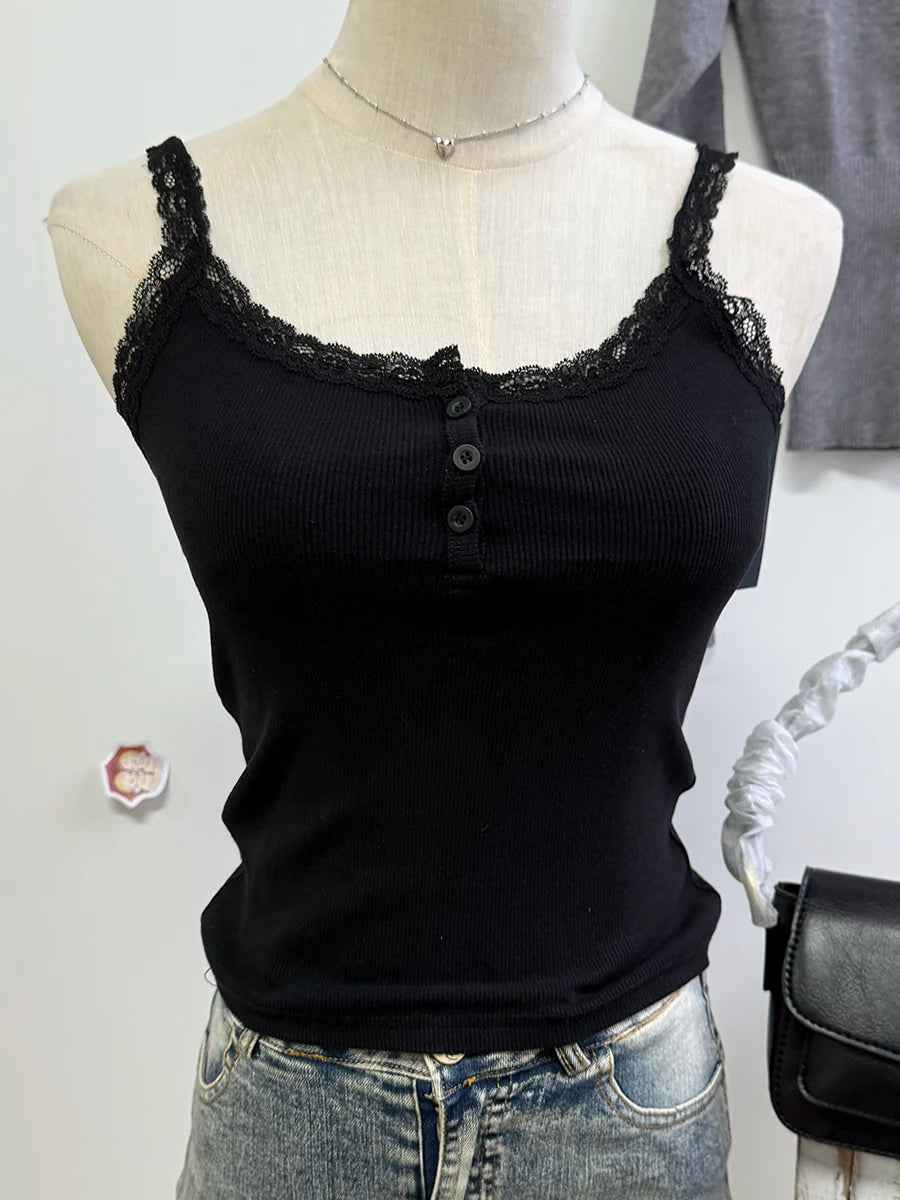 Sweet Pink Lace Trim Ribbed Camisole Women New Casual Cotton Buttons Slim Sleeveless Vest All-match Simple Cropped Tank Tops Y2K