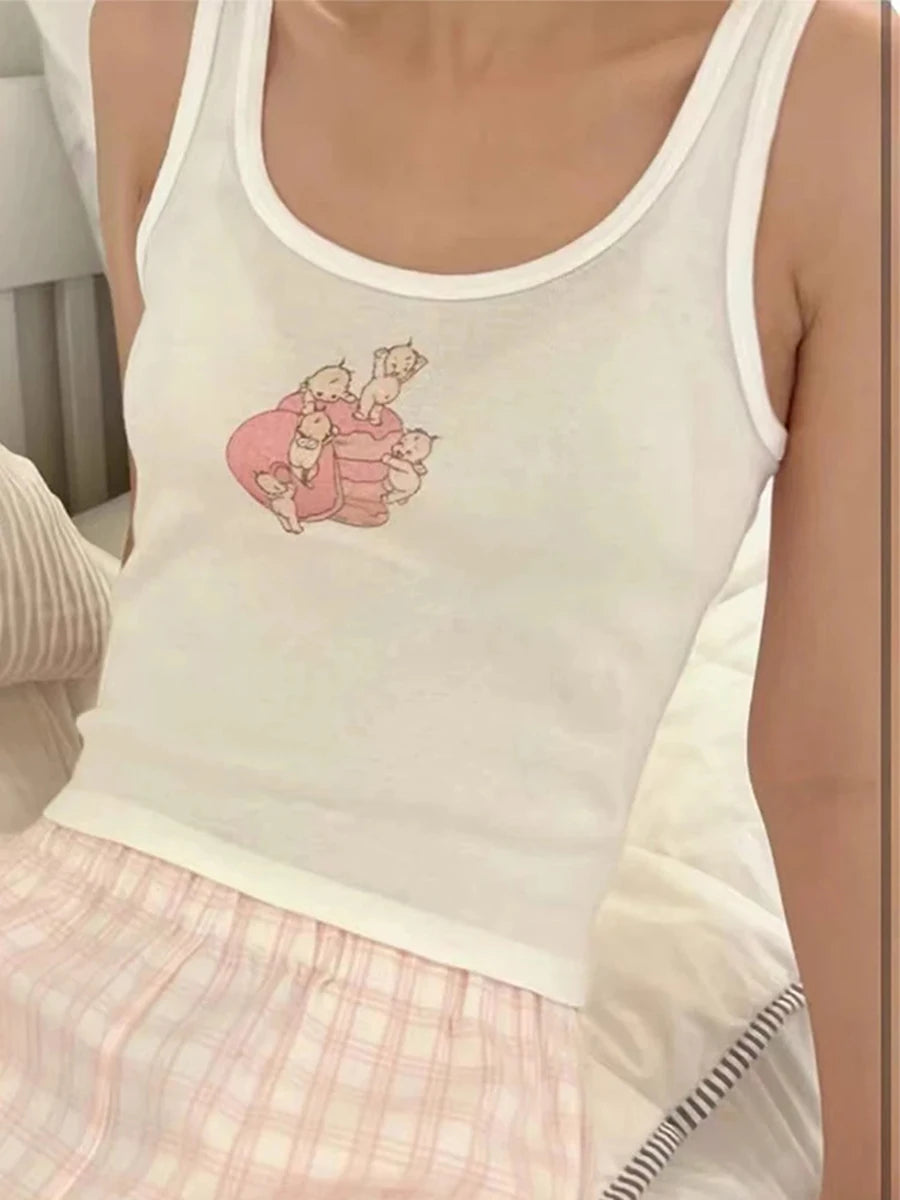Sweet Angel Print Slim Crop Vests Women Cotton Casual Streetwear Chic Sleeveless Tank Tops Female Cute Chic Vintage Y2K Camisole