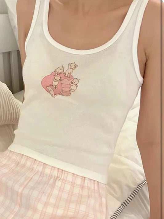 Sweet Angel Print Slim Crop Vests Women Cotton Casual Streetwear Chic Sleeveless Tank Tops Female Cute Chic Vintage Y2K Camisole