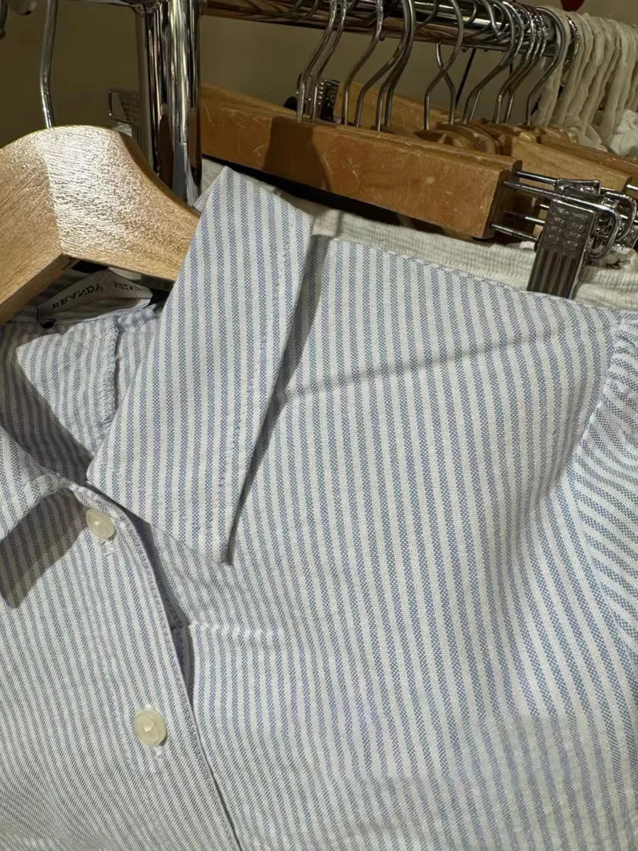 Blue Striped Button Blouse Women Summer New Streetwear Casual Lapel Short Sleeve Tees Sweet Cute Preppy Style T-shirts Y2K Tops