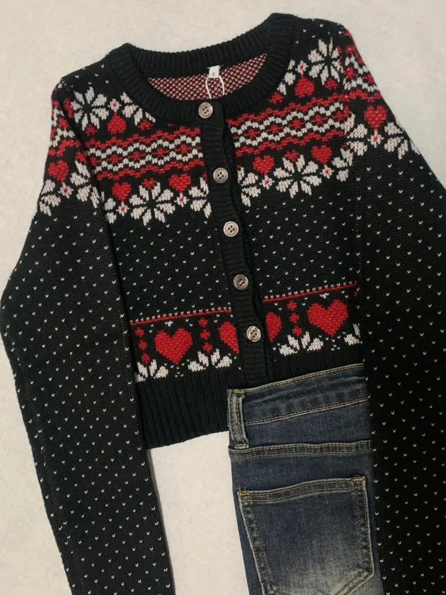Vintage Fair Isle Jacquard Knitted Cardigan Women Autumn Buttons Long Sleeve Cropped Jumper Coat Sweet Basic Slim Sweaters Tops