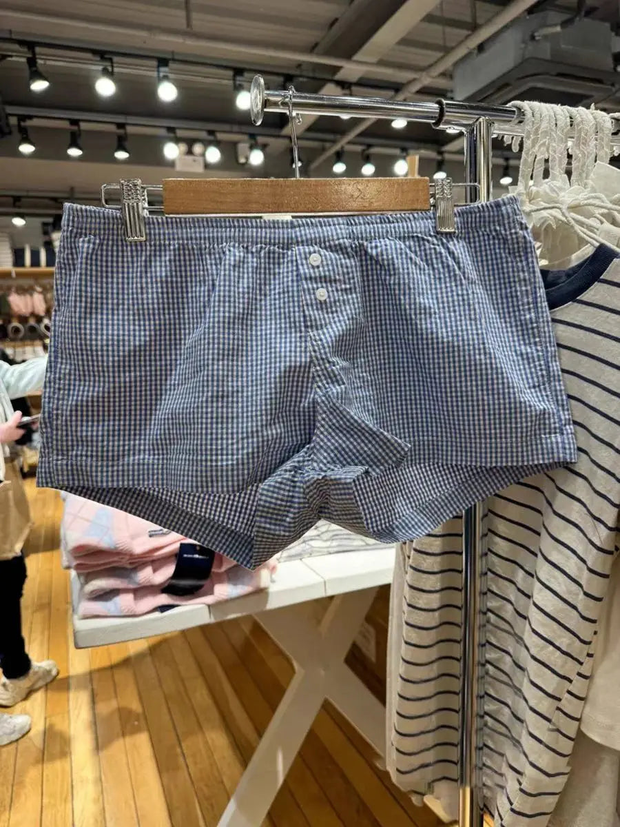 Ruffles Puff Sleeve T-shirt Short Set Women Blue Plaid Buttons Slim Tees+Straight Sweatshorts Sweet Home Pajama 2 Piece Sets Y2K