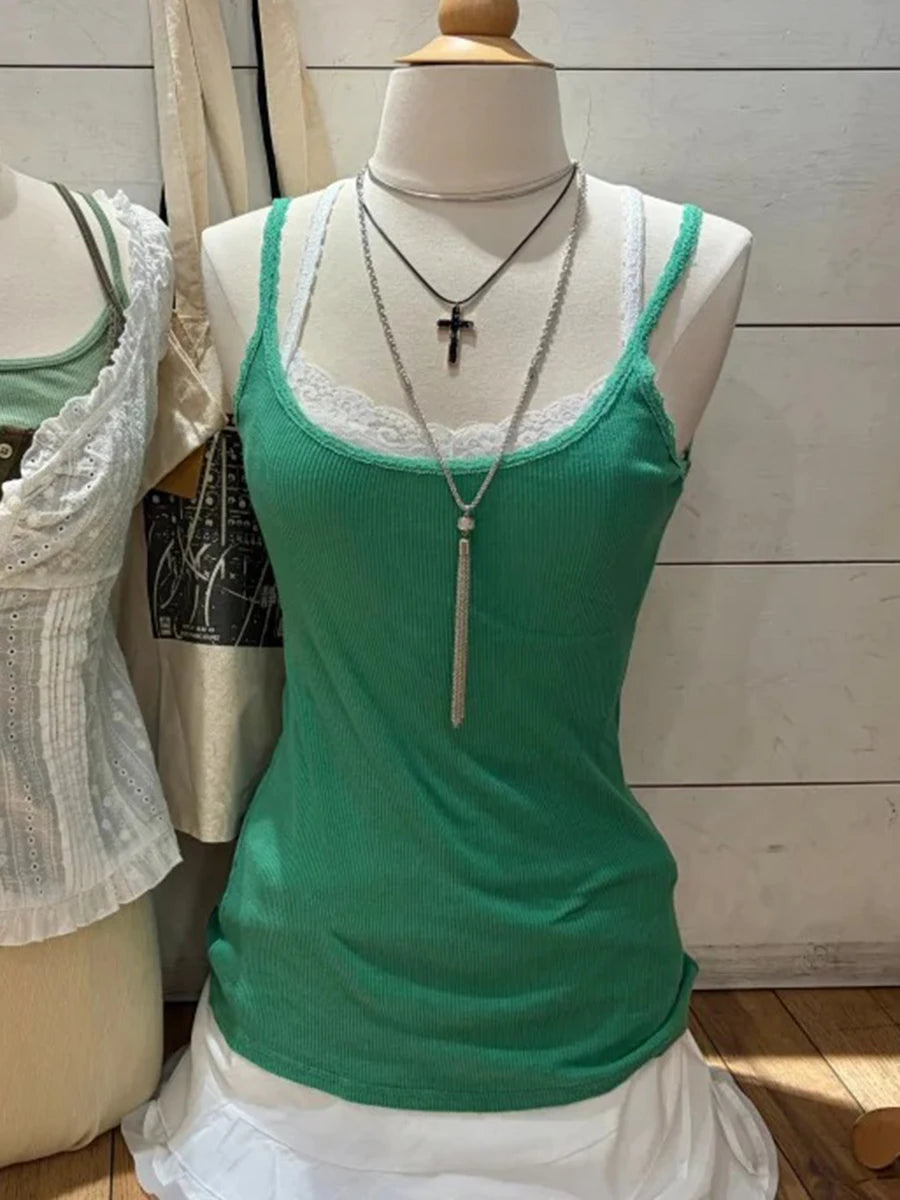 Women's Green Slim Camisole Streetwear Casual Simple Lace Trim Cotton Ribbed Sleeveless Vest Vintage Chic Preppy Style Tank Tops