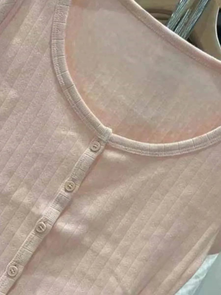 Sweet Pink Eyelet Slim Short Sleeve Tees Women Summer Basic Cotton Buttons Streetwear Crop Tops Vintage Cute Chic T-shirts Y2K