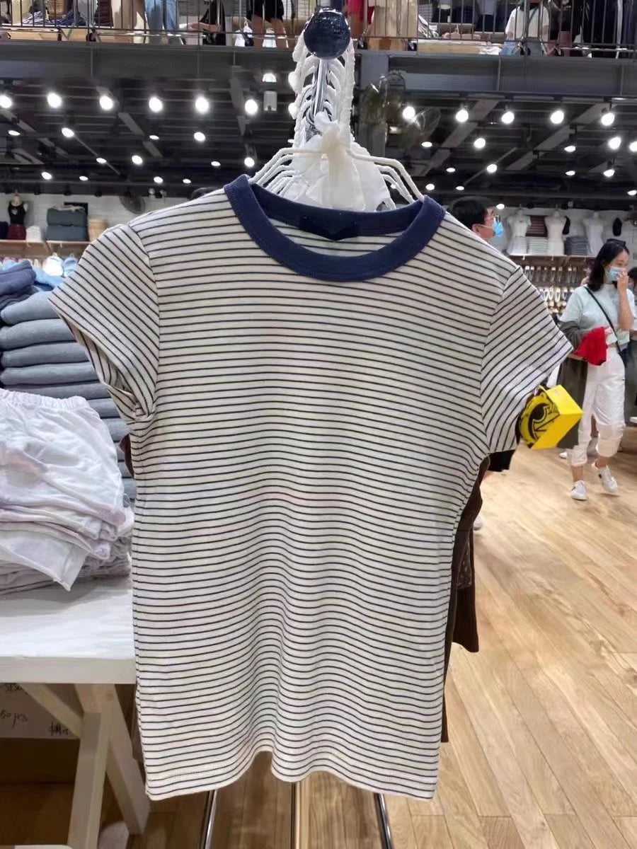 Vintage Striped Slim T-shirt Women Spring New Round Neck Cotton Short Sleeve Tee Shirts Female Cute Preppy Style Y2K T shirts