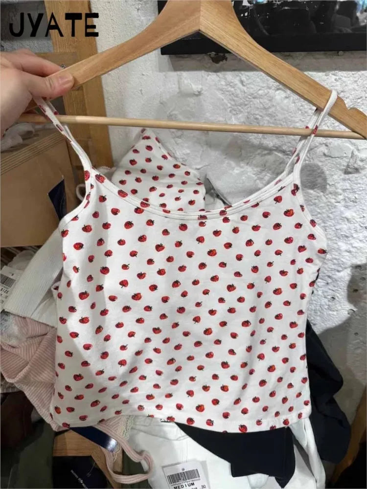 Women's New Strawberry Print Tank Tops Summer Cotton Simple Streetwear Casual Slim Sleeveless Vests Sweet Cute Vintage Camis Y2K