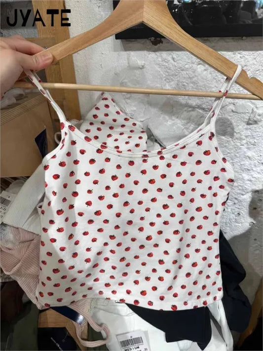 Women's New Strawberry Print Tank Tops Summer Cotton Simple Streetwear Casual Slim Sleeveless Vests Sweet Cute Vintage Camis Y2K
