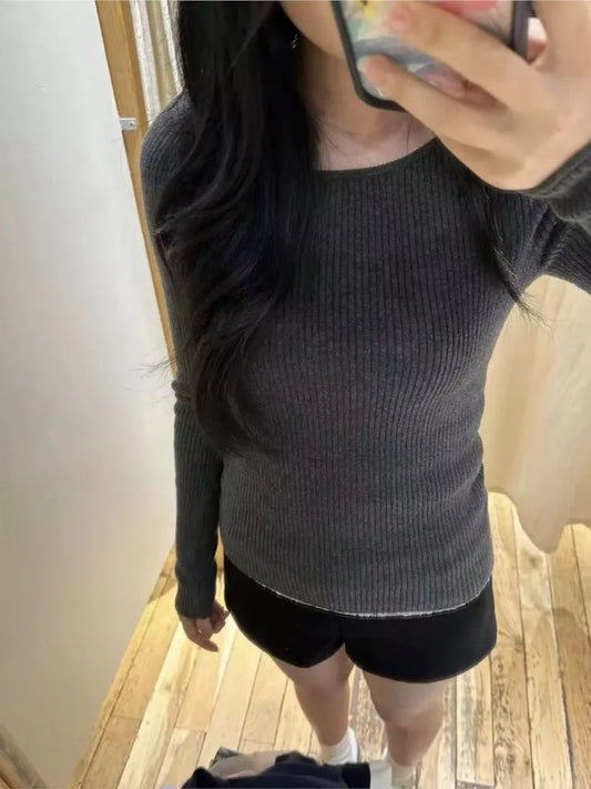 Fashion Gray Knitted T-shirts Women Autumn New Cotton Slash Neck Long Sleeve Slim Jumper Preppy Style American Sweaters Y2K Tops