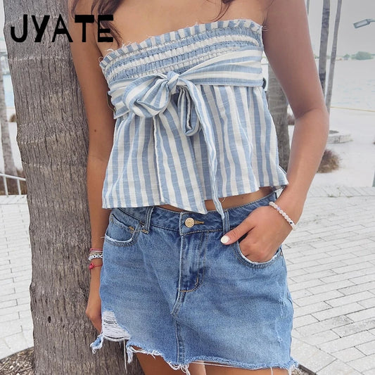 Fashion Blue Striped Straps Halter Neck Camisole Women Summer New Casual Simple Sleeveless Vest Vintage Sweet Chic Tank Tops Y2K