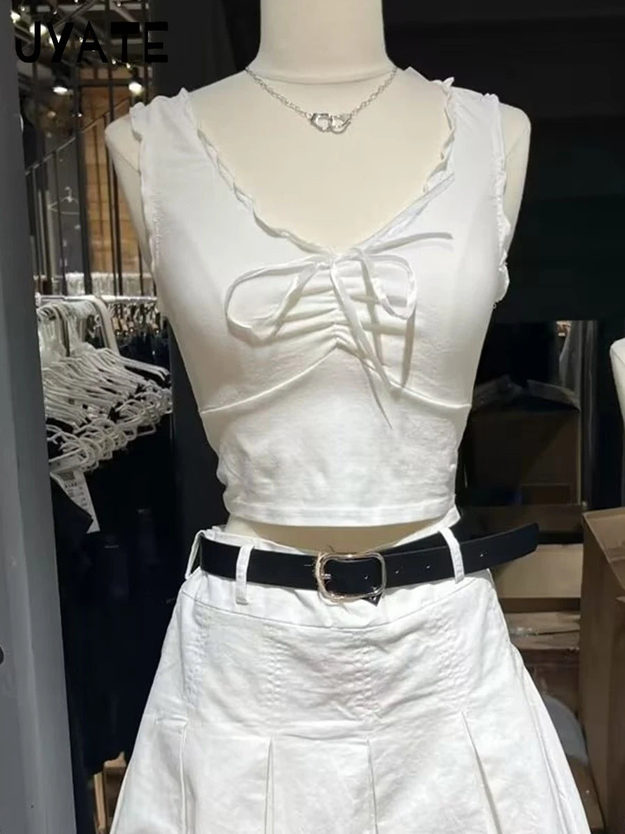 White Ruffles V-neck Cotton Soft Crop Tops Women New Casual Slim Preppy Style Sleeveless Camis Sweet Cute Vintage Tank Top Y2K