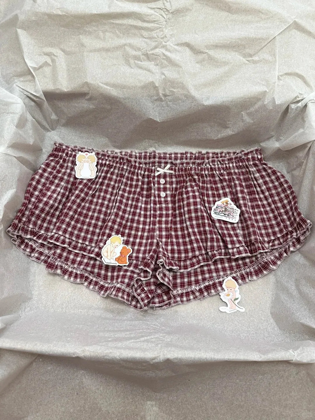 Red Plaid Ruffle Shorts Women Summer Casual Buttons Bow Elastic Low Waist Straight Pant Chic Sweet Preppy Style Short Pants Y2K