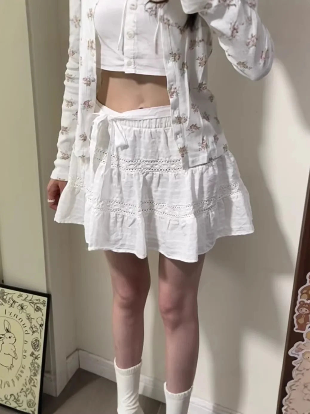 White Lace Embroidery A-line Skirts Women Cotton High Waist Elastic Ruffles Hem Sweet Mini Skirts Sweet Vintage Cute Chic Falda
