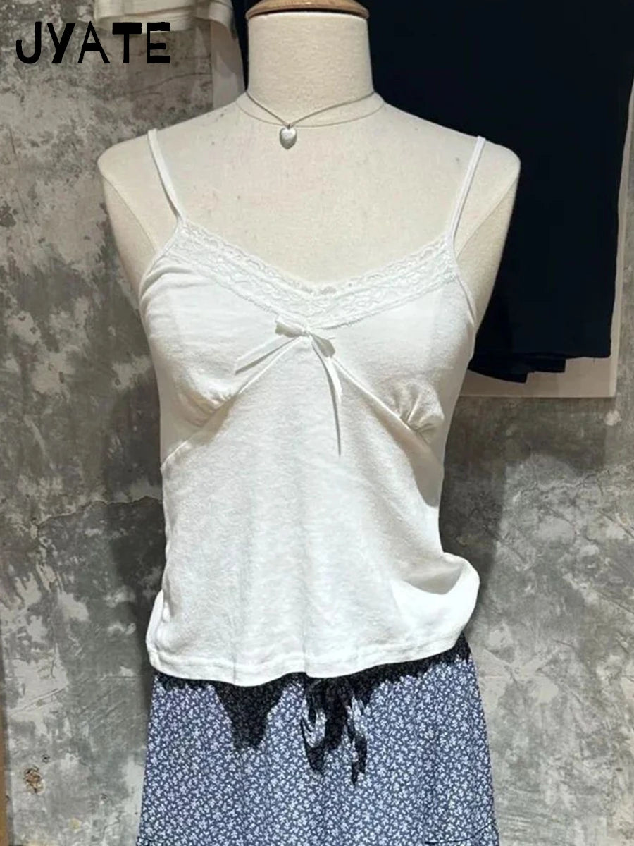 Vintage Lace Trim V-neck Bow Tank Tops Women New Cotton Soft Basic Casual Slim Sleeveless Crop Top Sweet Chic Sexy Camisole Y2K
