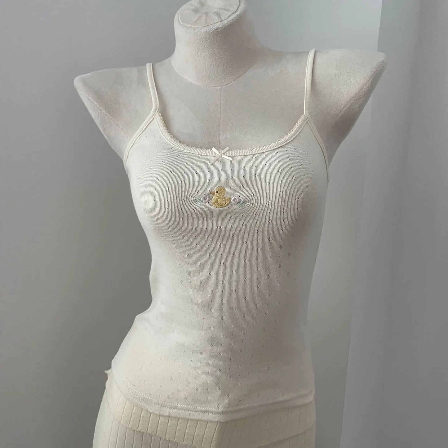 Cute Little Duck Embroidery Tank Tops Women Summer New Casual Slim Bow Sleeveless Vests Sweet Preppy Style Camisole Y2K Clothes