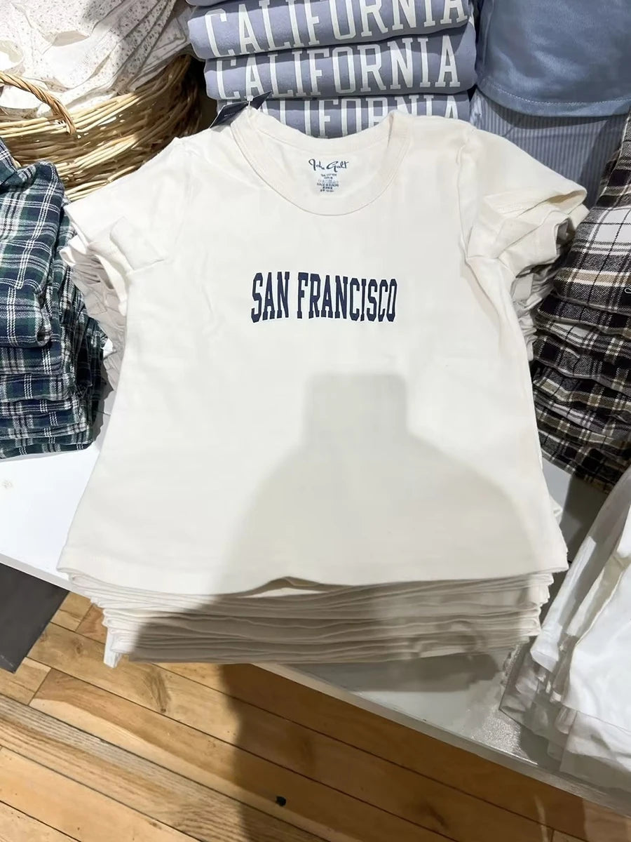 Classic Letter Print T-shirts Women Summer Cotton Soft Slim O-neck Short Sleeve Tees Female Vintage Streetwear Sweet Crop Tops