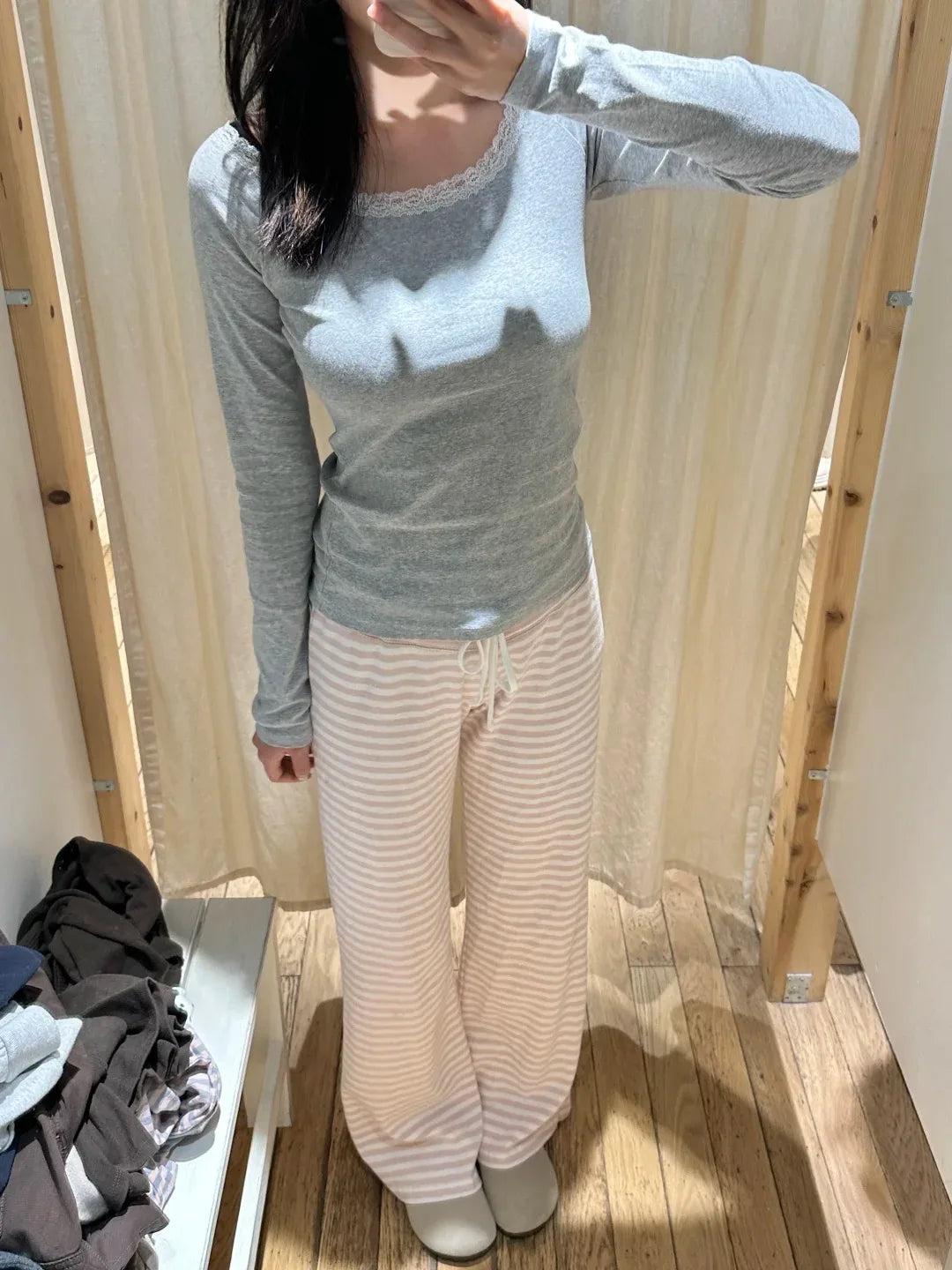Sweet Pink Striped Drawstring Wide Leg Pants Women Autumn Cotton Soft High Waist Casual Sweatpant Chic Preppy Style Y2K Trousers