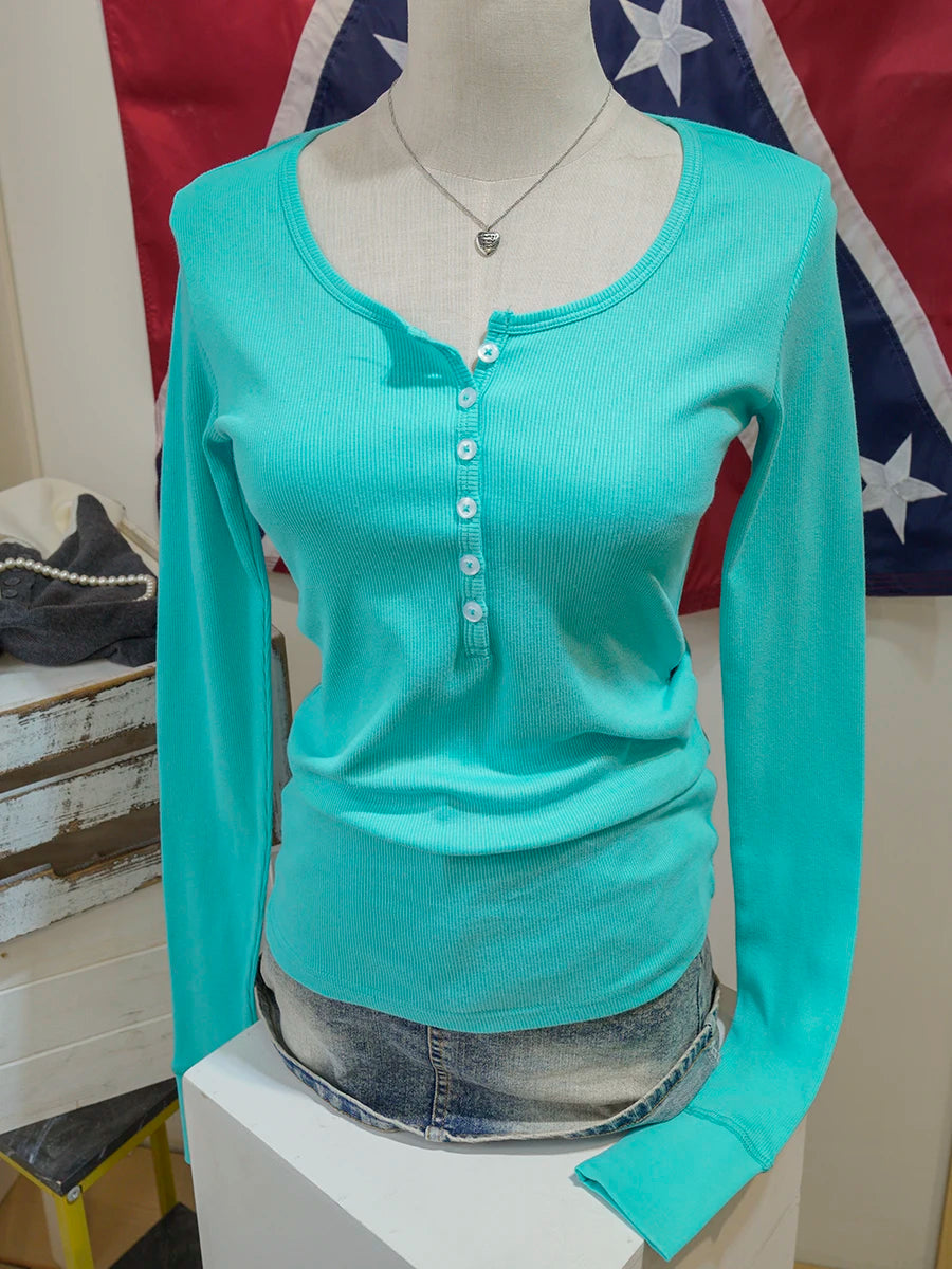 Electric Blue Patchwork Long Sleeve Tee Women Autumn Simple Basic Buttons O-neck Cotton Ribbed Tshirt Sweet Cute Casual T-shirts