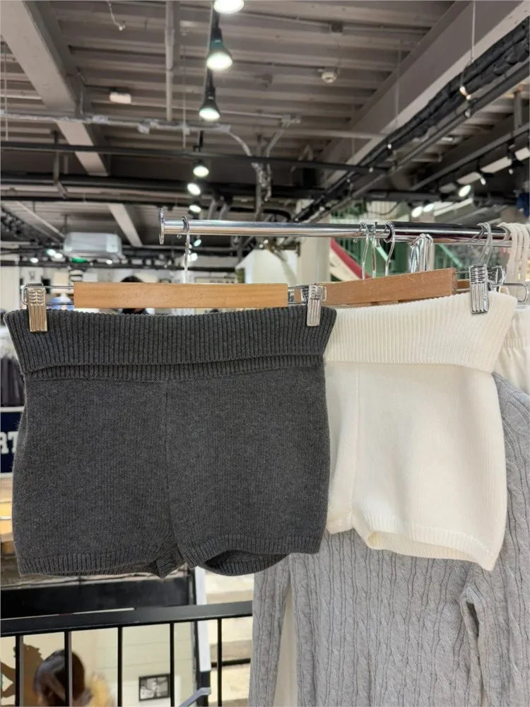 Cute Solid Flanging Knit Shorts Women Spring Elastic Waist Cotton Straight Short Pants Sweet Home Underwear Y2K Sweatshorts New