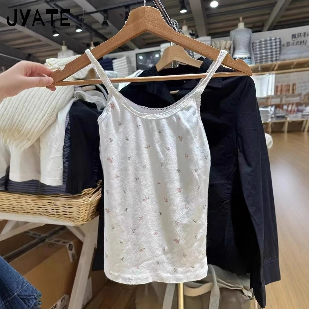 Sweet Lace Trim Slim Tank Tops Women Summer New Casual Pink Floral Print Cotton Sleeveless Vests Preppy Style Cute Camisole Y2K