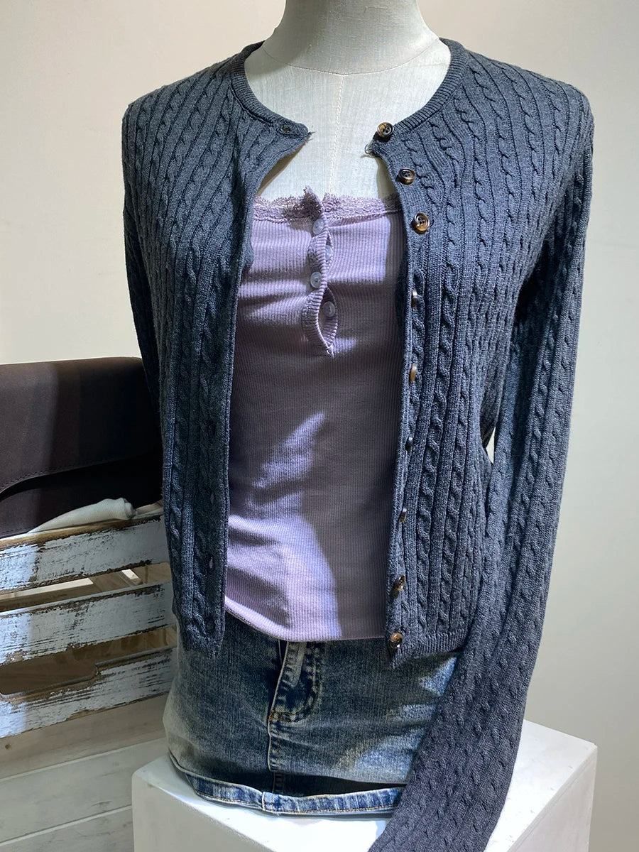 Brown Twsit Cardigan Women Spring Simple Casual Cotton Slim Button Long Sleeve Sweater Vintage Chic Preppy Style Sweaters Y2K