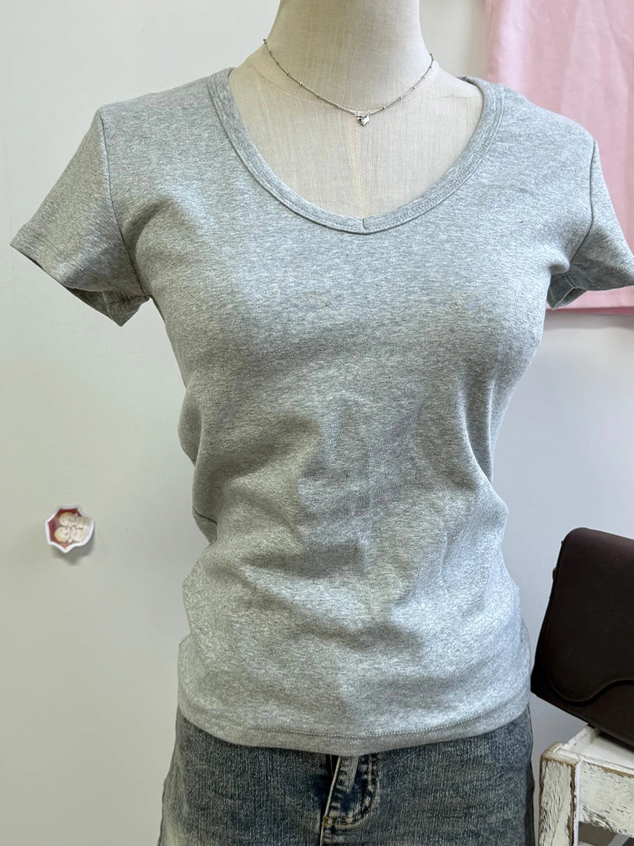 Sweet Gray Lace Trim V-neck Short Sleeve Tee Women New Cotton Casual Simple Slim Tops Clothes Vintage Basic Preppy Style T-shirt