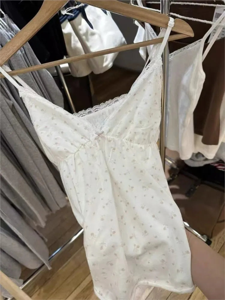 Sweet Floral Print Tank Tops Women New Cotton Slim Sexy Lace Trim V-neck Bow Sleeveless Vests Preppy Style Cute Camisole Y2K Top