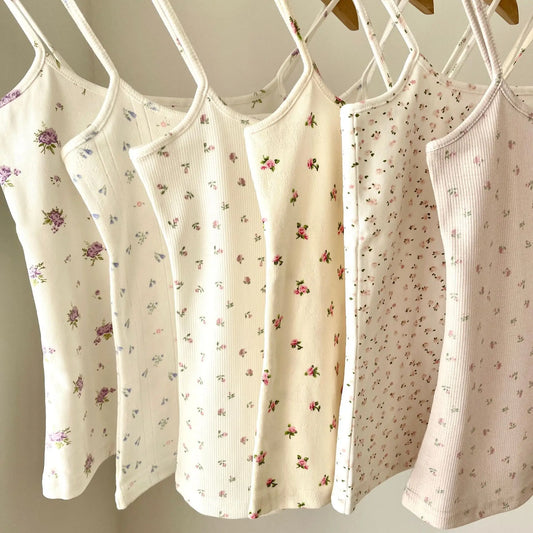 Square Collar Floral Print Camisole Women Summer Simple Streetwear Slim Cotton Sleeveless Vests Sweet Preppy Style Tank Tops
