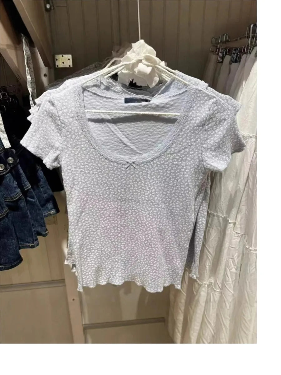 Lace Trim Floral Short Sleeve Tees Women Summer New Casual Cotton Blue Bow O-neck Top Tshirt Sweet Preppy Style Cute T-shirt Y2K