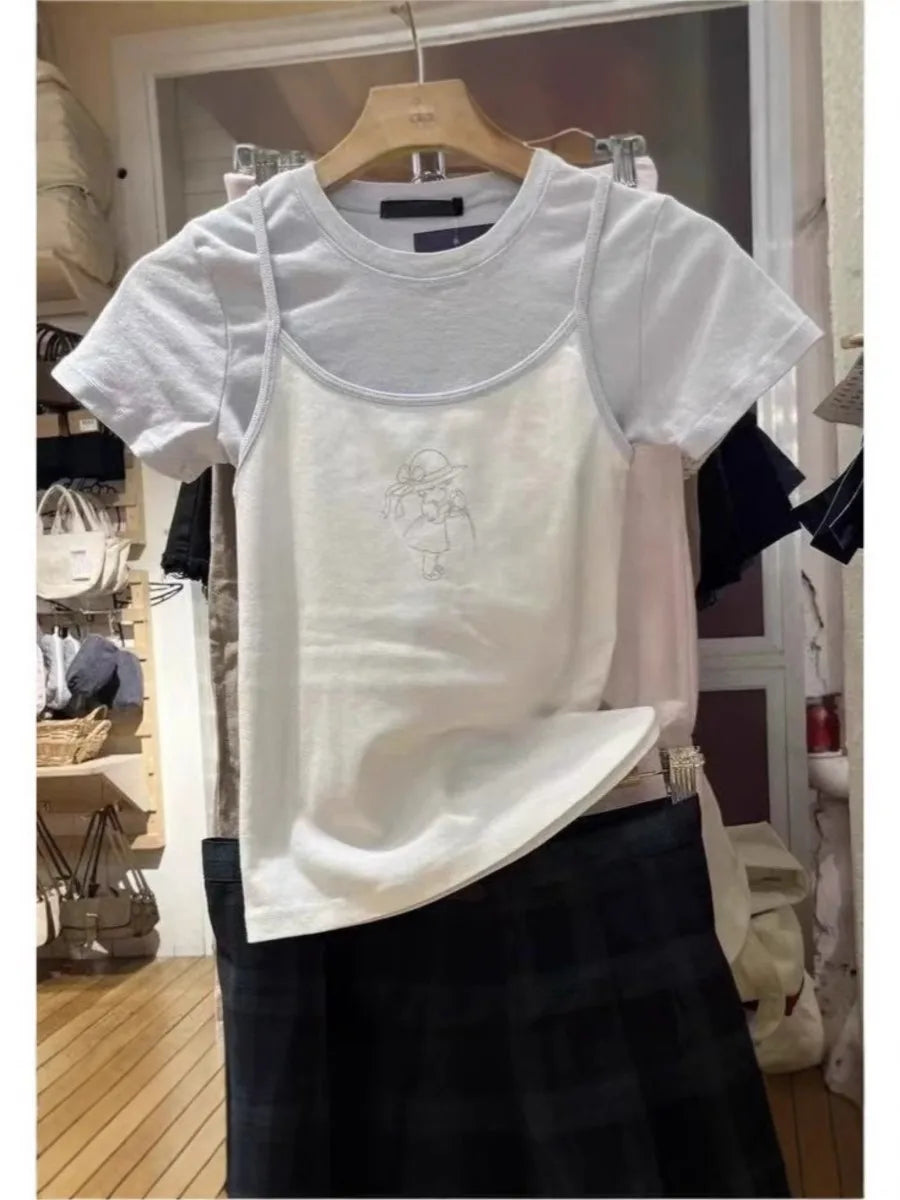 Sweet Girl Print Patchwork Camisole Women New Cotton Soft Casual Slim Sleeveless Cropped Vests Sweet Cute Preppy Style Tank Tops