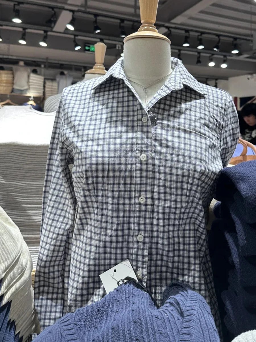 Plaid Buttons Slim Blouse T-shirts Women Casual Turn down Collar Long Sleeve Tees Girls Cute Sweet Preppy Style Y2K Crop Tops